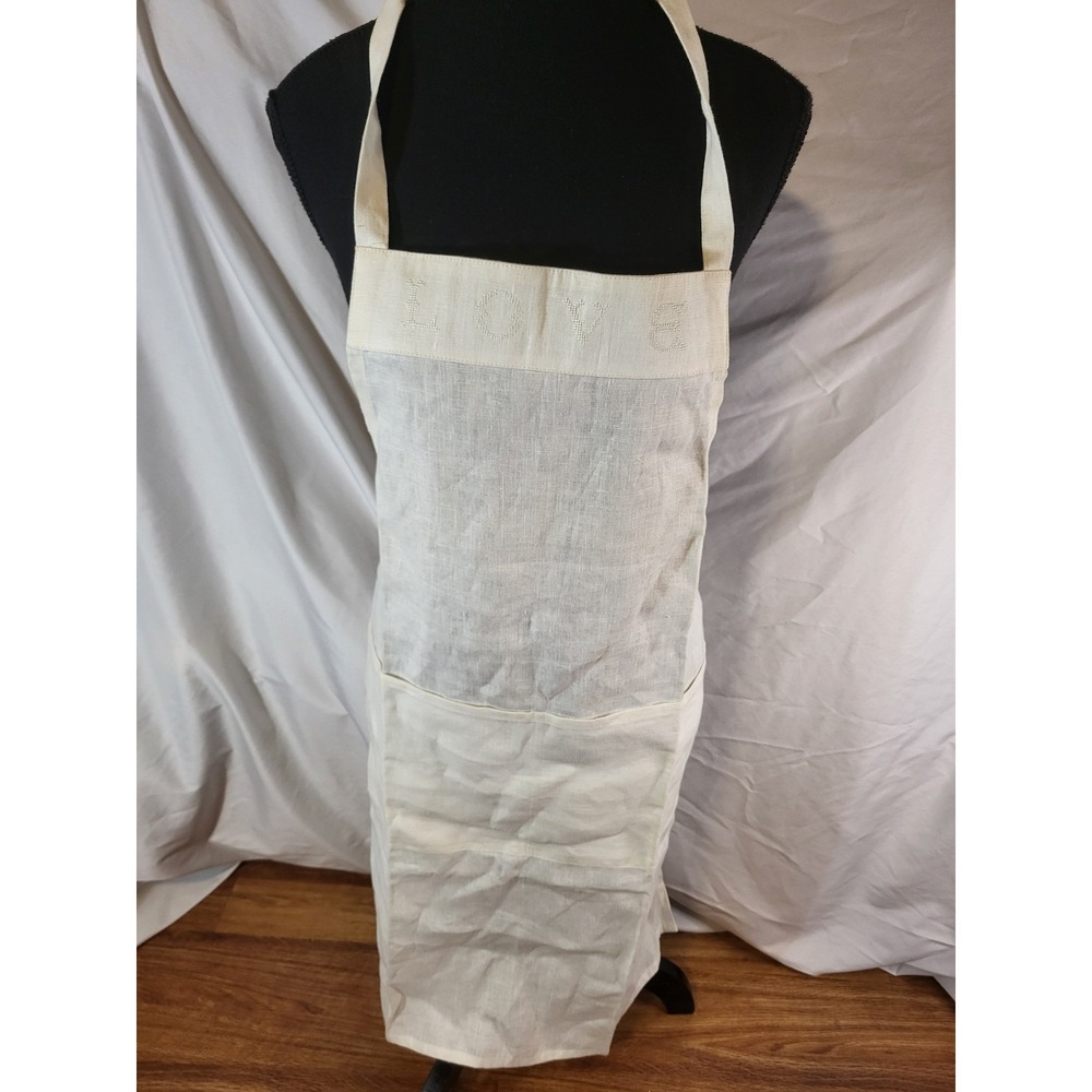 Williams Sonoma 100% linen Ivory apron with pocket cottagecore prairie Embroider